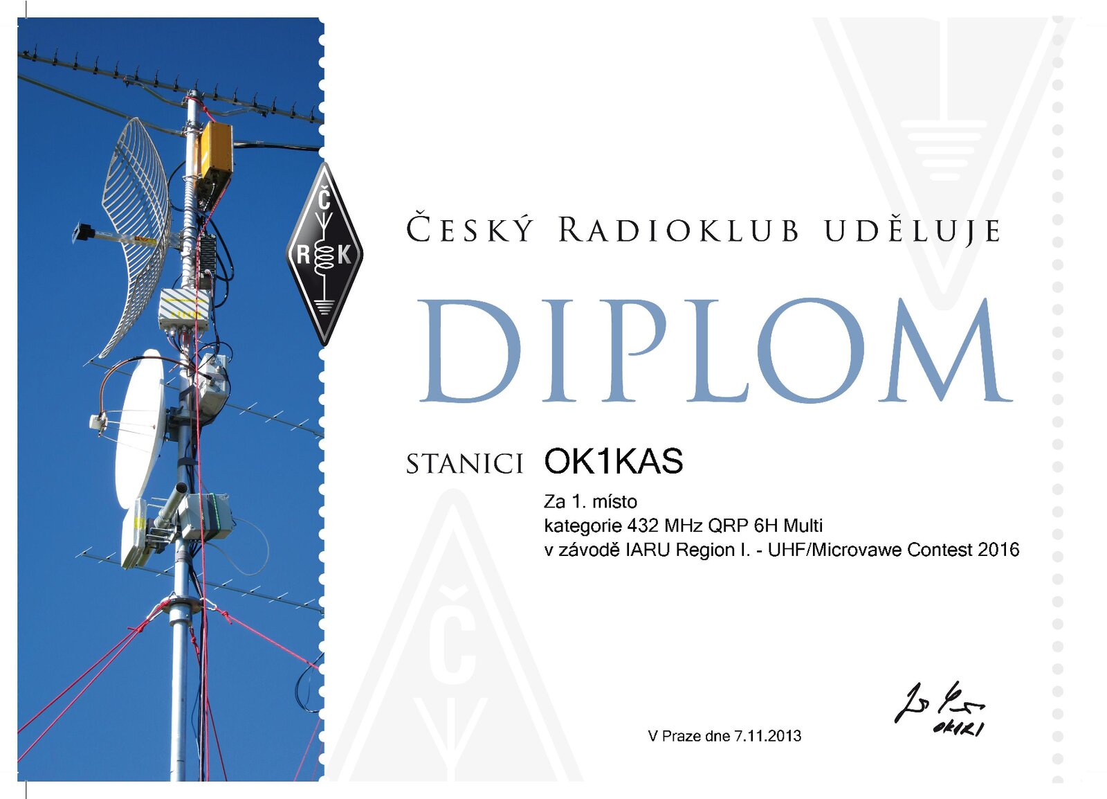 2016 Diplom OK1KAS UHF 432 MHz QRP 6H