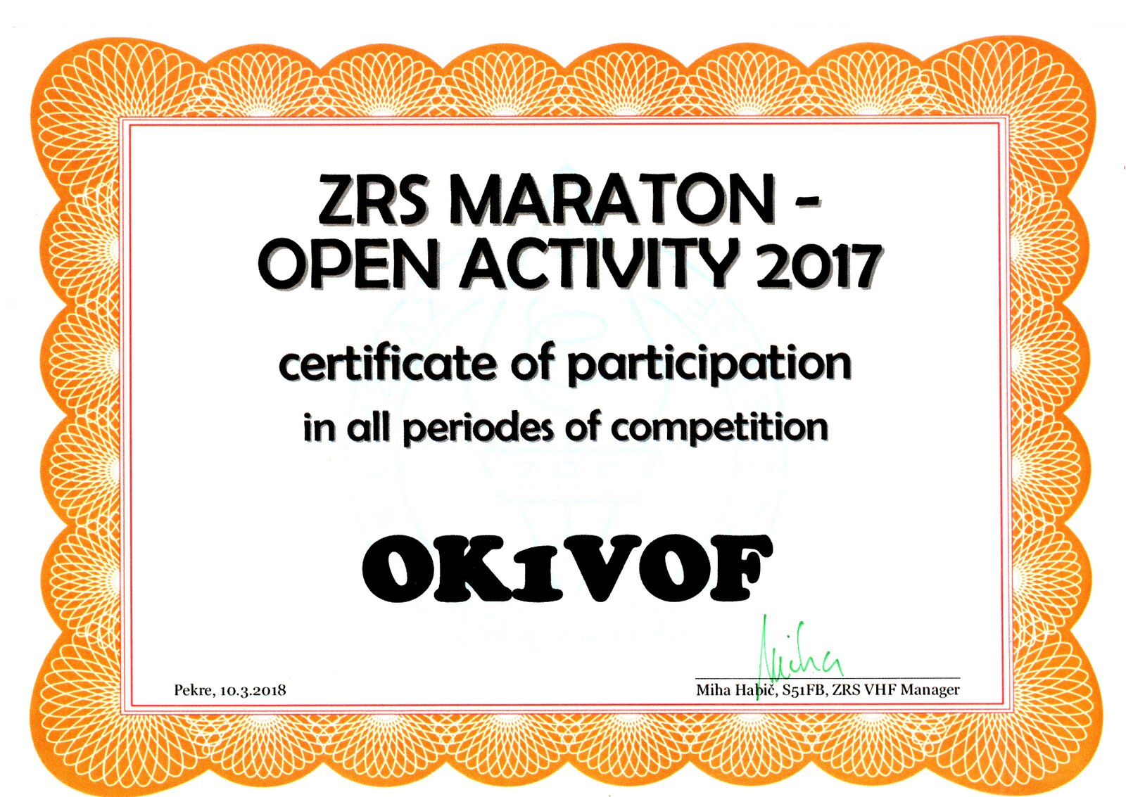 2017 ZSR Maraton OK1VOF Certifikat